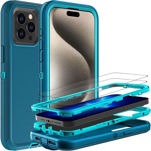 for iPhone 15 Pro Max Case, Military Grade 3 in 1 Heavy Duty Shockproof/Drop Proof/Dust Proof Case with 2Pcs Tempered Glass Screen Protector (Black/Grey) in Saudi Arabia