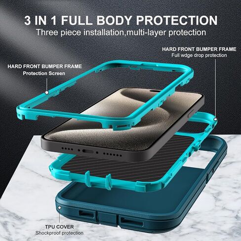 for iPhone 15 Pro Max Case, Military Grade 3 in 1 Heavy Duty Shockproof/Drop Proof/Dust Proof Case with 2Pcs Tempered Glass Screen Protector (Black/Grey) in Saudi Arabia