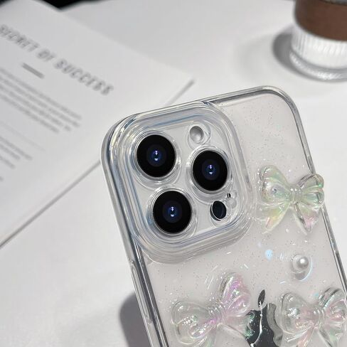 متوافق مع حافظة iPhone 16 Pro (6.3 بوصة، 2024) مع عقدة ثلاثية الأبعاد لطيفة وأنماط لؤلؤية + تصميم جمالي لسلسلة لامعة من الكريستال على شكل فيونكة للنساء والفتيات المراهقات in Saudi Arabia