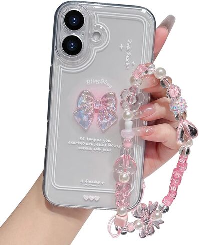 متوافق مع حافظة iPhone 16 Pro (6.3 بوصة، 2024) مع عقدة ثلاثية الأبعاد لطيفة وأنماط لؤلؤية + تصميم جمالي لسلسلة لامعة من الكريستال على شكل فيونكة للنساء والفتيات المراهقات in Saudi Arabia