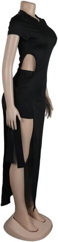 Aro Lora Womens Sexy 2 Piece Outfits Short Sleeve Cut Out Side Slit Maxi Dress and Short Set in Saudi Arabia
