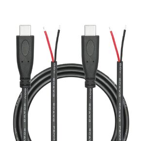 كابل طاقة USB C إلى 2 دبوس سلك عاري مفتوح 3أقدام، 20AWG 5V USB نوع C ذكر توصيل 2 دبوس كابل ضفيرة، لمعدات USB من النوع C المثبتة أو استبدال كابل DIY للإصلاح (قطعتان)