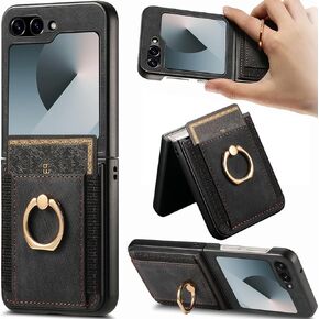 NINKI for Samsung Galaxy Z Flip 6 Case Wallet with Card Holder,Shockproof Leather Galaxy Z Flip 6 Phone Case for Samsung Z Flip 6 Wallet Case Purse,Stand Case for Galaxy Z Flip 6 Case Ring Women Black