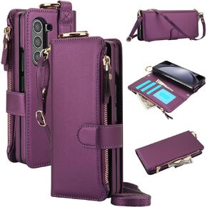 for Samsung Galaxy Z Fold 6 Wallet Case with 3 Credit Card Slots and Cash Slot Zipper Pocket,Wristband and Ring, RFID Blocking Multi Card Function Magnetic Clasp Kickstand.(DeepPurple)