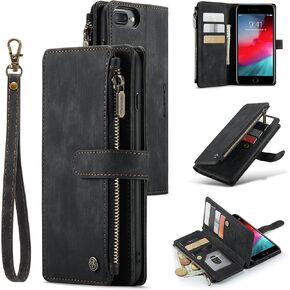 UEEBAI Wallet Case for iPhone 7 Plus/iPhone 8 Plus, Premium Handmade PU Leather Phone Case Card Slots Magnetic Closure Zipper Pocket Kickstand Flip Case with Hand Strap - Vintage Blue