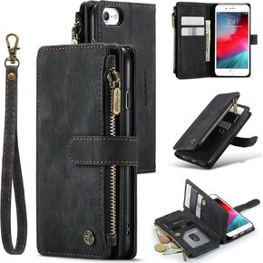 UEEBAI Wallet Case for iPhone 7 Plus/iPhone 8 Plus, Premium Handmade PU Leather Phone Case Card Slots Magnetic Closure Zipper Pocket Kickstand Flip Case with Hand Strap - Vintage Blue