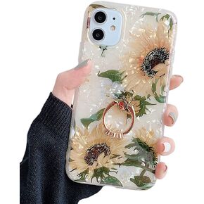 Qokey Compatible for iPhone 11 Case Floral Case Cute Clear Flower Case for Women Girl with 360 Degree Rotating Ring Stand Holder Kickstand Soft TPU Shockproof Cover Designed for iPhone 11 Brown Flower