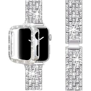 Compatible with Apple Watch Band 38mm 40mm 42mm 44mm with Case, Women Jewelry Bling Diamond Metal Strap Soft PC Bumper Protective Case for iWatch Series 6/5/4/3/2/1/ SE