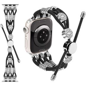 Compatible with Apple Watch Band Boho Beaded Woven Watchband Adjustable Nylon Braided Elastic Cord for Women iWatch Series 10/9/8/7/6/5/4/3/2/1 SE Ultra 49mm/46mm/45mm/44mm/42mm/41mm/40mm/38mm