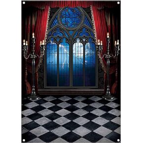 5x7ft Gothic Vampire Medieval Castle Backdrop Halloween Window Moon Bats Photography Background Dress-up Party Decorations Photo Booth Banner