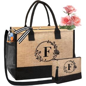 BeeGreen Large Initial Beach Tote Bag Burlap Tote Bag with Magnetic Buckle Embroidery Monogram Gift for Mother Friends Personalized Birthday Gifts for Women Wedding Presents for Bridesmaid P