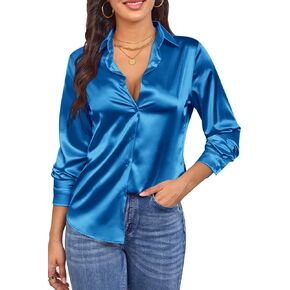 Womens Satin Silk Button Down Shirt Long Sleeve Blouse Silky Smooth Subtle Shine Blouses Tops