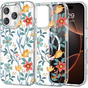Jiunai for iPhone 16 Pro Case, Compatible with Magsafe Flower Pattern Floral Anti Yellow Slim Clear TPU Protective Scratch Resistant Pretty Cute Magnetic phone Case for iPhone 16 Pro 6.3’’ Women Girls