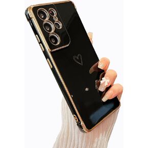 ZTOFERA Designed for Samsung Galaxy S21 Ultra 5G Case,Cute Plating Edge Love Hearts Pattern with Camera Lens Protection Phone Cover for Girls Women,Black