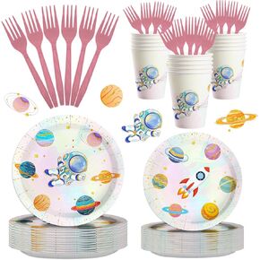 96PCS Space Themed Party Decorations, Space Birthday Decorations, Space Party Favors, Astronaut Birthday Decorations, Space Plates Cups Disposable Dinnerware Set for Birthday Party Serve 24