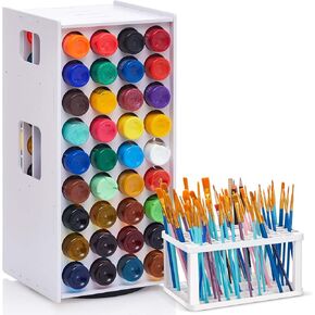 63 Holes Craft Paint Storage Organizer with Paintbrush Stand Wall Mounted Paint Rack Stand Vertical Removable Plastic Acrylic Paint Holder for 2 oz Craft Paints Bottle Art Desk Supplies, White