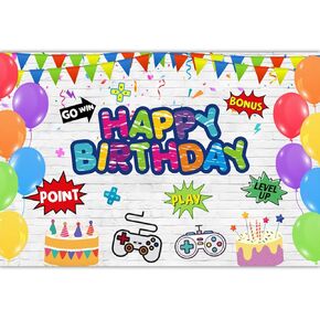 Happy Birthday Backdrop, Game Night Backdrop, Video Game Banner for Boys Girls, Level Up Birthday Party Decoration, White (7X5FT, Polyester)