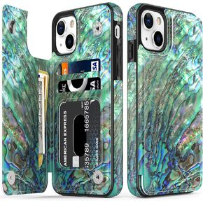 LETO for iPhone 13 Case,Flip Folio Leather Wallet Case Cover with Fashion Flower Designs for Girls Women,Built-in Card Slots Kickstand Protective Phone Case for iPhone 13 6.1" Green Oyster Shell