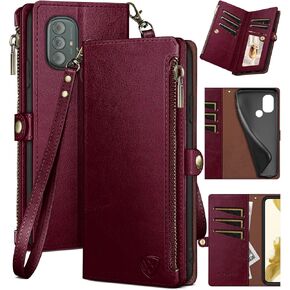 XcaseBar for Moto G Power 2022 5G Wallet case with Zipper Credit Card Holder【RFID Blocking】, Flip Folio Book PU Leather Phone case Shockproof Cover Women Men for Power2022 case Wine Red