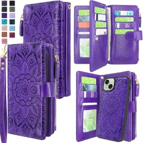Harryshell Compatible with iPhone 15 Plus / 14 Plus 5G 6.7 inch Wallet Case Detachable Removable Phone Cover Zipper Cash Pocket Multi Card Slots Wrist Strap Lanyard (Floral Teal)