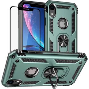 Yiakeng for iPhone XR Case, iPhone XR Phone Case with Screen Protector, Military Grade Protective Cases with Ring for iPhone XR (Dark Green)