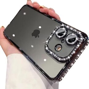Clear Glitter Case for iPhone 16 Plus,Luxury Bling Sparkly Diamond Rhinestone with Camera Protector Soft TPU Plating Bumper Slim Transparent Women Girls Case for iPhone 16 Plus 6.7" (Pink)