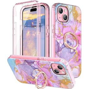 Btscase for iPhone 15 Plus Case, Built-in Screen Protector with 360° Ring Holder Kickstand, Full Body Dual Layer Rugged Shockproof Protective Cover for iPhone 15 Plus 6.7 Inch, Pink