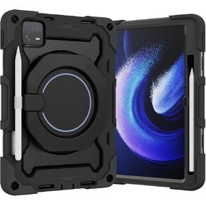 Case for Xiaomi Pad 6 / Pad 6 Pro 11.0 inch, PC + Silicone 3-Layers Combo Armor Heavy Duty Shockproof Cover with 360° Rotating Ring Stand -Black