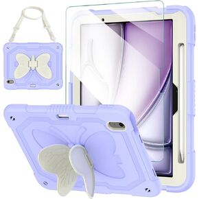 for iPad Air 11 Inch Case M2 2024 with Screen Protector/Butterfly Kickstand/Shoulder Strap/Pencil Holder Kids Girls Rugged Protective Cover for iPad Air M2 11 inch 6th Generation, Purple