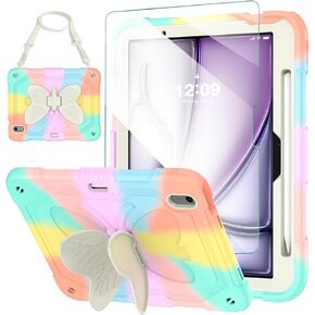 for iPad Air 11 Inch Case M2 2024 with Screen Protector/Butterfly Kickstand/Shoulder Strap/Pencil Holder Kids Girls Rugged Protective Cover for iPad Air M2 11 inch 6th Generation, Purple