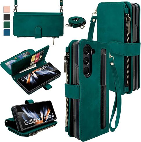 for Samsung Galaxy Z Fold 5 Case, PU Leather Z Fold 5 Wallet Cases with S Pen Holder & Wrist Crossbody Strap & Card Holder Green in Kuwait