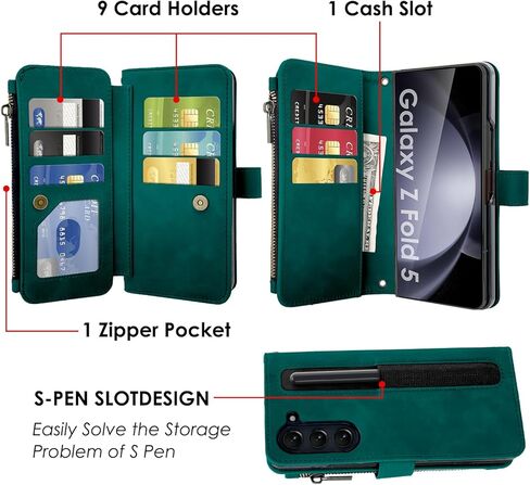 for Samsung Galaxy Z Fold 5 Case, PU Leather Z Fold 5 Wallet Cases with S Pen Holder & Wrist Crossbody Strap & Card Holder Green in Kuwait