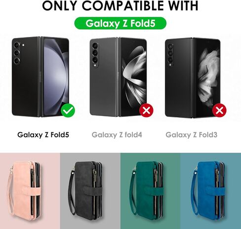 for Samsung Galaxy Z Fold 5 Case, PU Leather Z Fold 5 Wallet Cases with S Pen Holder & Wrist Crossbody Strap & Card Holder Green in Kuwait