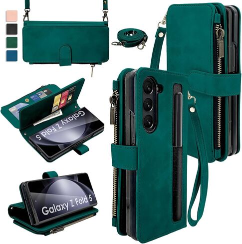 for Samsung Galaxy Z Fold 5 Case, PU Leather Z Fold 5 Wallet Cases with S Pen Holder & Wrist Crossbody Strap & Card Holder Green in Kuwait