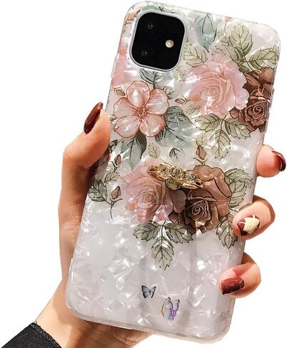 Qokey Compatible for iPhone 11 Case Floral Case Cute Clear Flower Case for Women Girl with 360 Degree Rotating Ring Stand Holder Kickstand Soft TPU Shockproof Cover Designed for iPhone 11 Brown Flower in Saudi Arabia