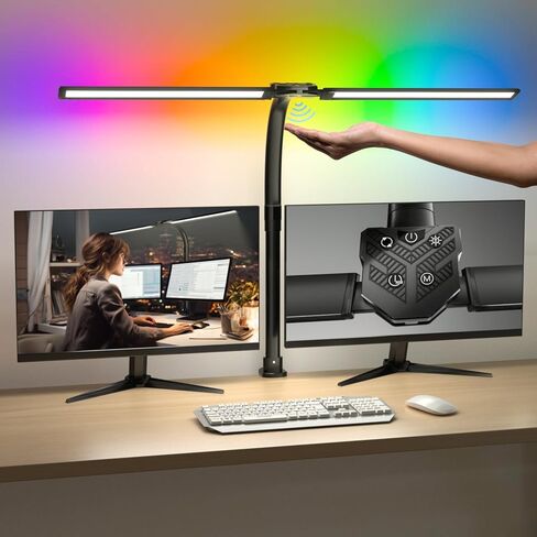 مصباح مكتب بذراع متأرجح مزدوج RGB - ضوء مكتب تعتيم تلقائي فائق السطوع 24 وات، تعديل متعدد الزوايا، مصباح سطح المكتب للتحكم باللمس - مثالي للمكتب المنزلي، والألعاب، والقراءة، والعمل in Kuwait