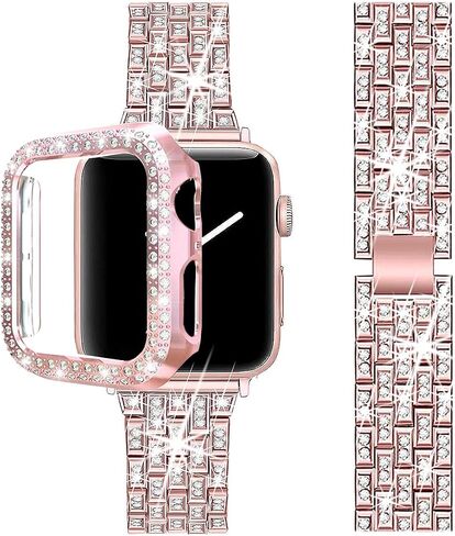 Compatible with Apple Watch Band 38mm 40mm 42mm 44mm with Case, Women Jewelry Bling Diamond Metal Strap Soft PC Bumper Protective Case for iWatch Series 6/5/4/3/2/1/ SE in Saudi Arabia