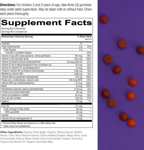 Organic Kids & Toddler Multivitamin Gummies: Omega 3 (ALA), Vitamin D3, C, Vitamin B12, B6, Vitamin A, K2 & Zinc for Immune Support, Vegetarian, 180 Count in Saudi Arabia