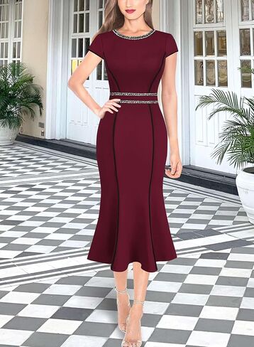 VFSHOW Womens Blue Tweed Yarn-Dyed Elegant Vintage Cocktail Party Bodycon Mermaid Midi Mid-Calf Dress 079 BLU S in Saudi Arabia