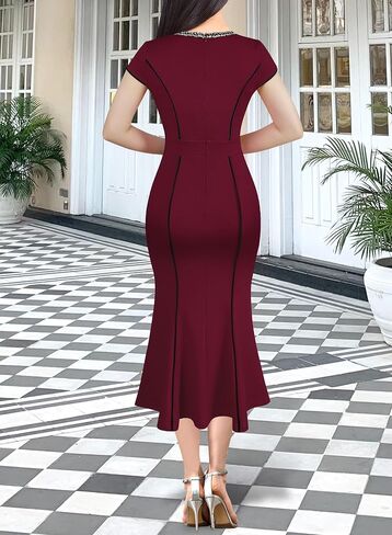 VFSHOW Womens Blue Tweed Yarn-Dyed Elegant Vintage Cocktail Party Bodycon Mermaid Midi Mid-Calf Dress 079 BLU S in Saudi Arabia