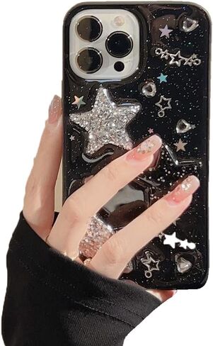 for iPhone 13 Case Bling Stars 3D Hearts Diamond Twinkle Star Glitter Y2K Spark Luxury Girly Aesthetic Personalized Design for Women Girls Teens Soft Transparent TPU Case, 6.1", Black in Saudi Arabia