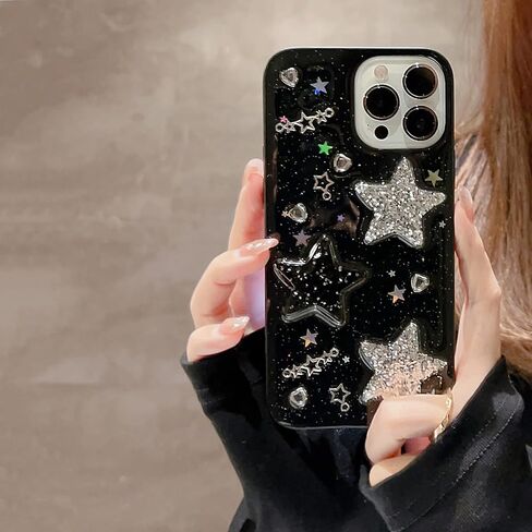 for iPhone 13 Case Bling Stars 3D Hearts Diamond Twinkle Star Glitter Y2K Spark Luxury Girly Aesthetic Personalized Design for Women Girls Teens Soft Transparent TPU Case, 6.1", Black in Saudi Arabia
