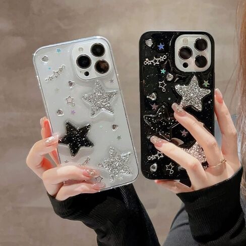 for iPhone 13 Case Bling Stars 3D Hearts Diamond Twinkle Star Glitter Y2K Spark Luxury Girly Aesthetic Personalized Design for Women Girls Teens Soft Transparent TPU Case, 6.1", Black in Saudi Arabia