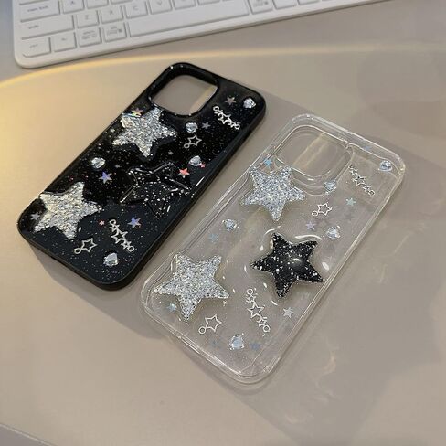for iPhone 13 Case Bling Stars 3D Hearts Diamond Twinkle Star Glitter Y2K Spark Luxury Girly Aesthetic Personalized Design for Women Girls Teens Soft Transparent TPU Case, 6.1", Black in Saudi Arabia