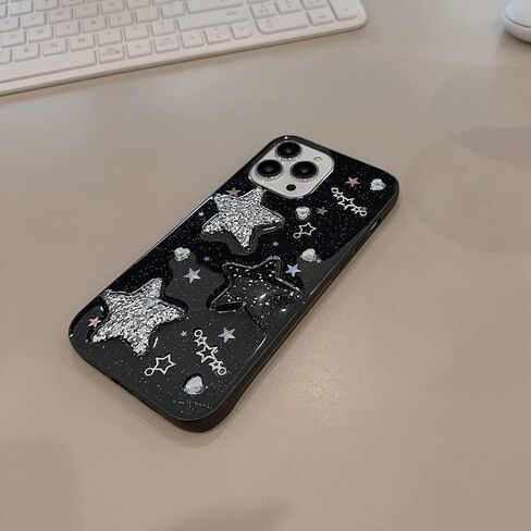 for iPhone 13 Case Bling Stars 3D Hearts Diamond Twinkle Star Glitter Y2K Spark Luxury Girly Aesthetic Personalized Design for Women Girls Teens Soft Transparent TPU Case, 6.1", Black in Saudi Arabia