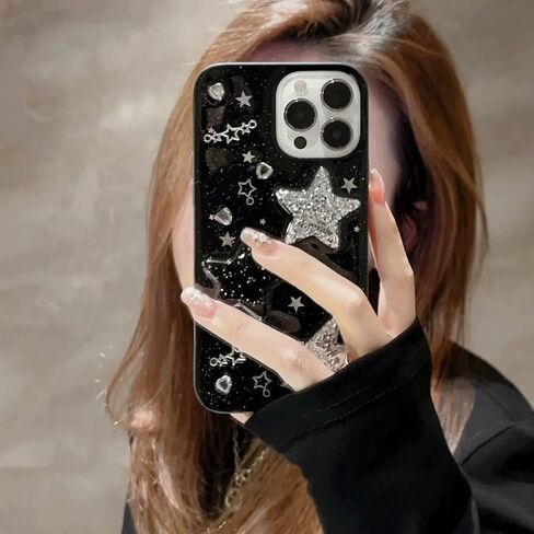 for iPhone 13 Case Bling Stars 3D Hearts Diamond Twinkle Star Glitter Y2K Spark Luxury Girly Aesthetic Personalized Design for Women Girls Teens Soft Transparent TPU Case, 6.1", Black in Saudi Arabia