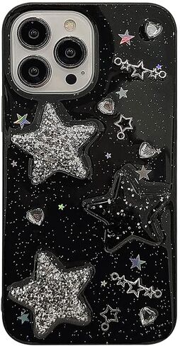 for iPhone 13 Case Bling Stars 3D Hearts Diamond Twinkle Star Glitter Y2K Spark Luxury Girly Aesthetic Personalized Design for Women Girls Teens Soft Transparent TPU Case, 6.1", Black in Saudi Arabia
