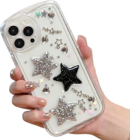 for iPhone 13 Case Bling Stars 3D Hearts Diamond Twinkle Star Glitter Y2K Spark Luxury Girly Aesthetic Personalized Design for Women Girls Teens Soft Transparent TPU Case, 6.1", Black in Saudi Arabia