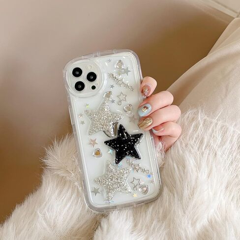 for iPhone 13 Case Bling Stars 3D Hearts Diamond Twinkle Star Glitter Y2K Spark Luxury Girly Aesthetic Personalized Design for Women Girls Teens Soft Transparent TPU Case, 6.1", Black in Saudi Arabia