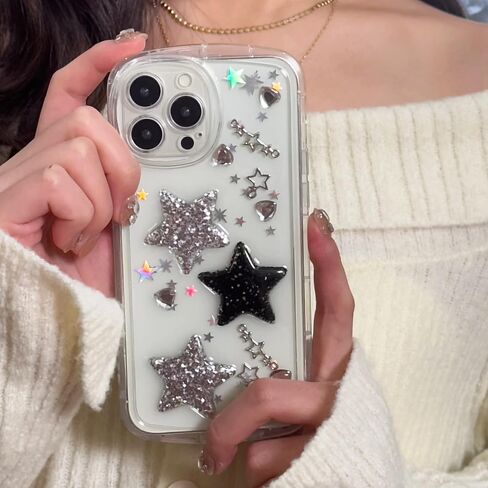 for iPhone 13 Case Bling Stars 3D Hearts Diamond Twinkle Star Glitter Y2K Spark Luxury Girly Aesthetic Personalized Design for Women Girls Teens Soft Transparent TPU Case, 6.1", Black in Saudi Arabia